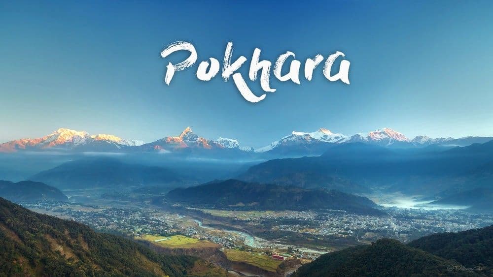 Pokhara landscape with lake and mountains